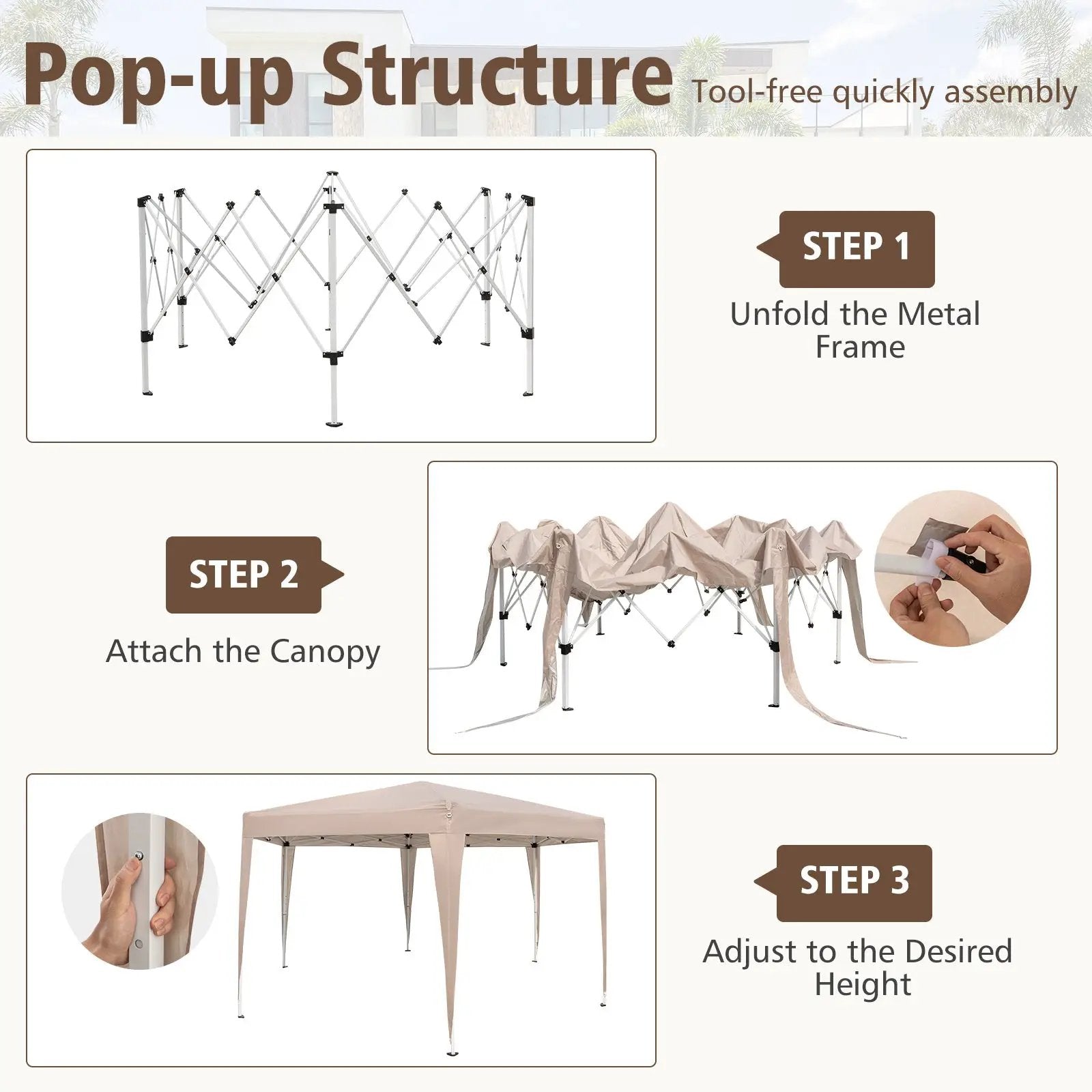 13 x 11.5 FT Hexagonal Pop-Up Height Adjustable Canopy Tent with Dressed Legs-Khaki by DirectDeals