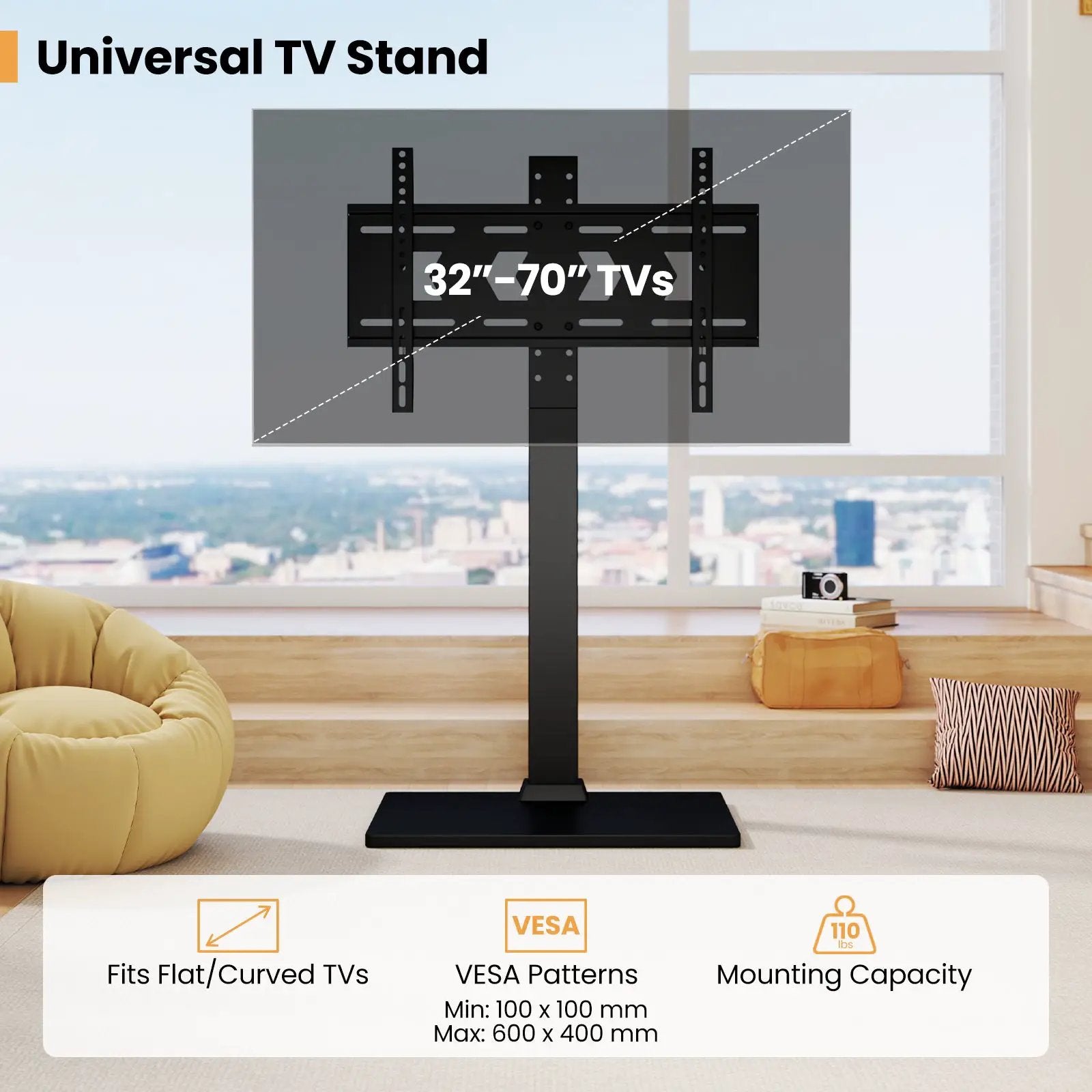 Height Adjustable Floor TV Stand with AV Shelf for 32-70 Inch TVs by DirectDeals