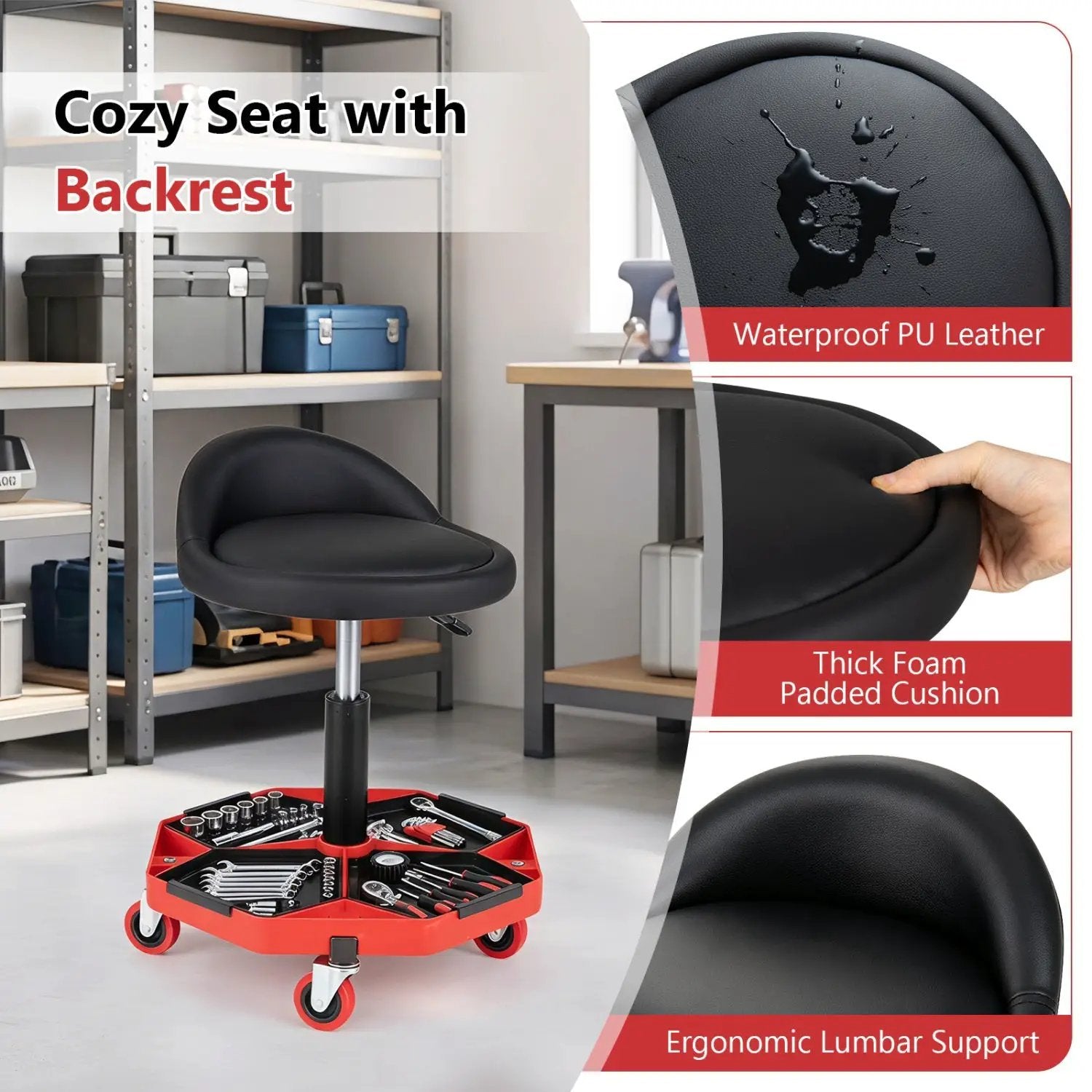 Adjustable Rolling Mechanic Seat with Storage Tray by DirectDeals