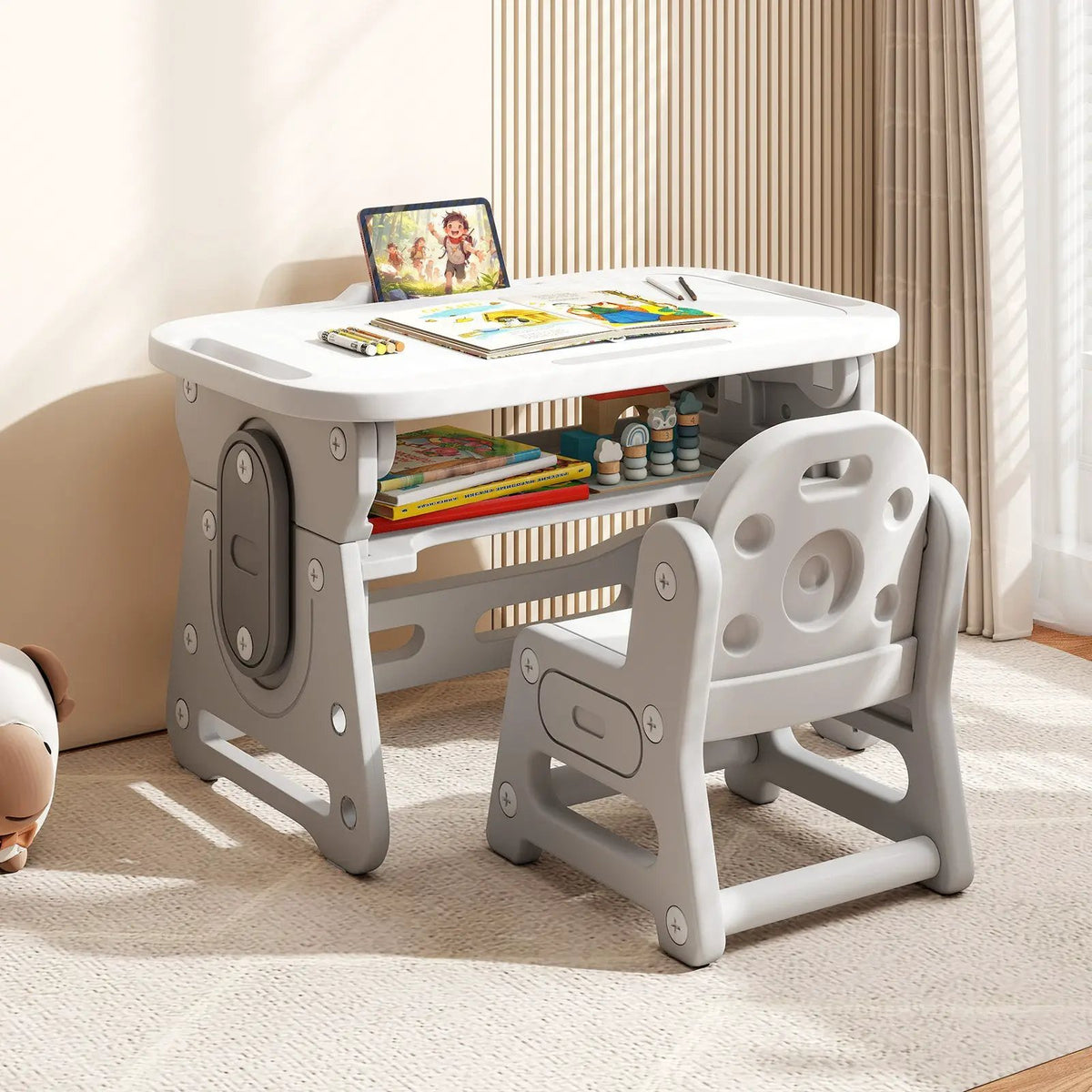 Height Adjustable Kids Table and Chair Set with Tiltable Whiteboard and Concave Shelf, photo 4 of 16