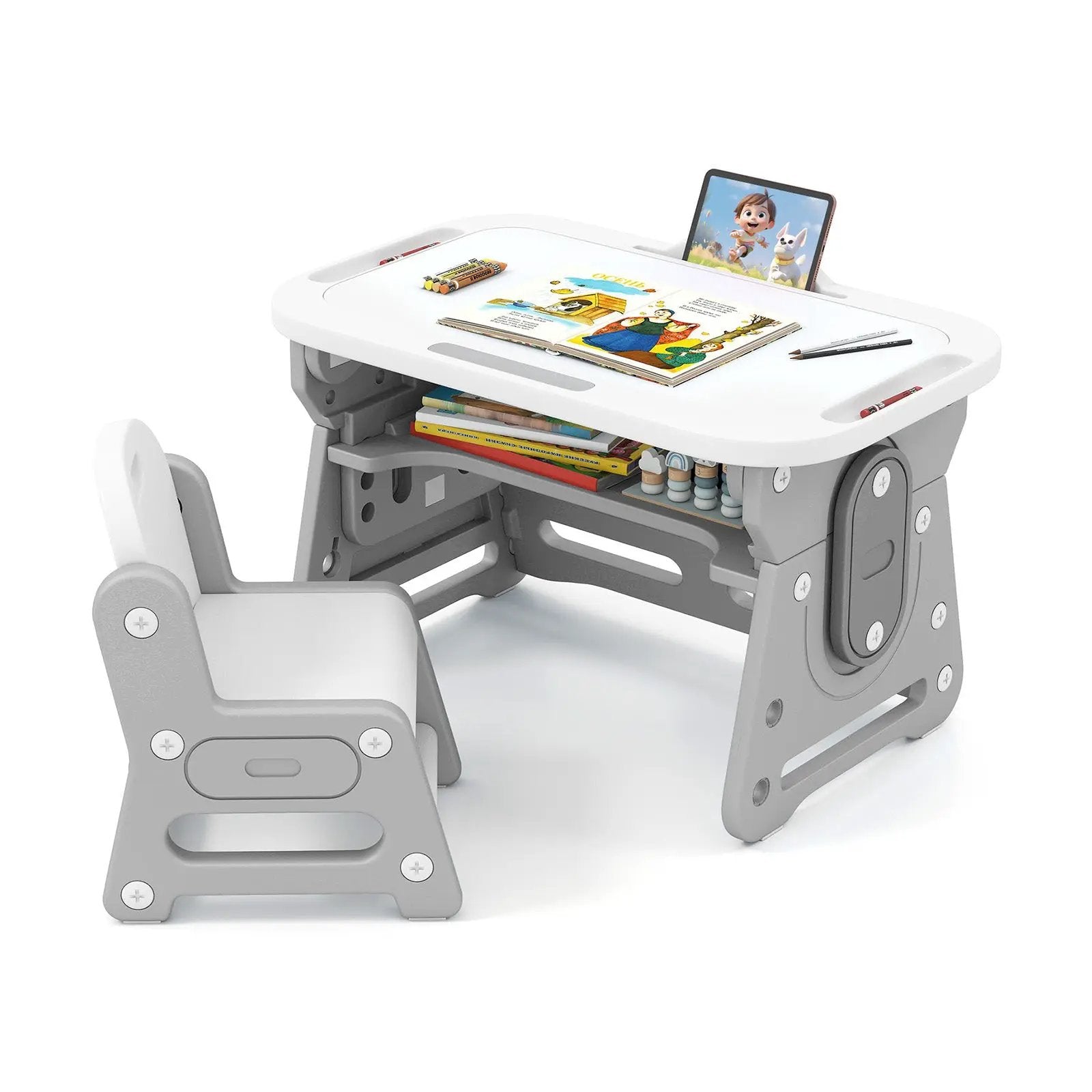 Height Adjustable Kids Table and Chair Set with Tiltable Whiteboard and Concave Shelf by DirectDeals