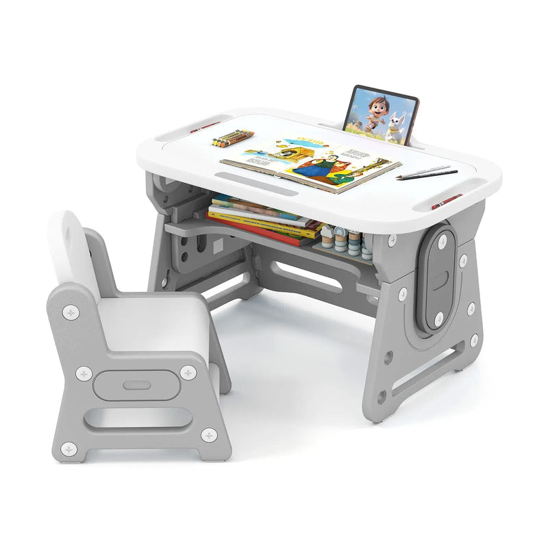 Height Adjustable Kids Table and Chair Set with Tiltable Whiteboard and Concave Shelf by DirectDeals