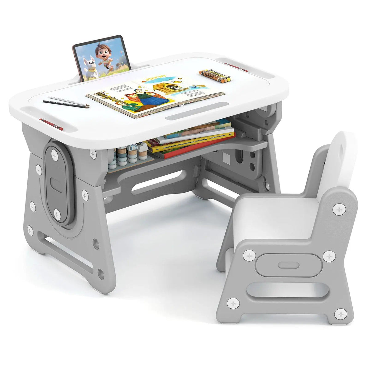Height Adjustable Kids Table and Chair Set with Tiltable Whiteboard and Concave Shelf, photo 8 of 16