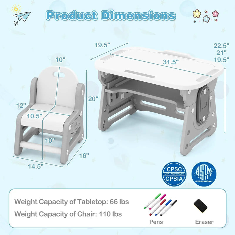 Height Adjustable Kids Table and Chair Set with Tiltable Whiteboard and Concave Shelf by DirectDeals