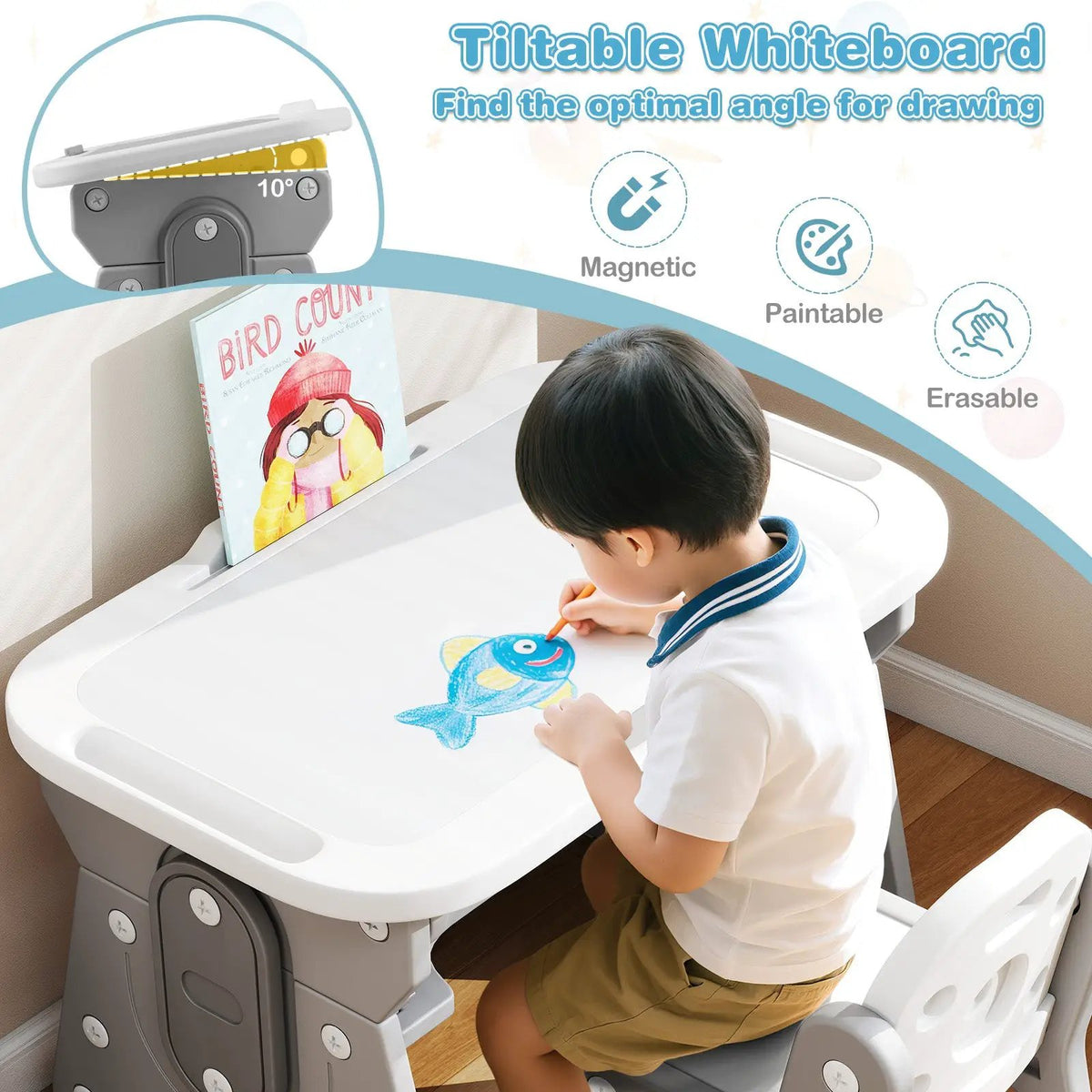 Height Adjustable Kids Table and Chair Set with Tiltable Whiteboard and Concave Shelf, photo 14 of 16