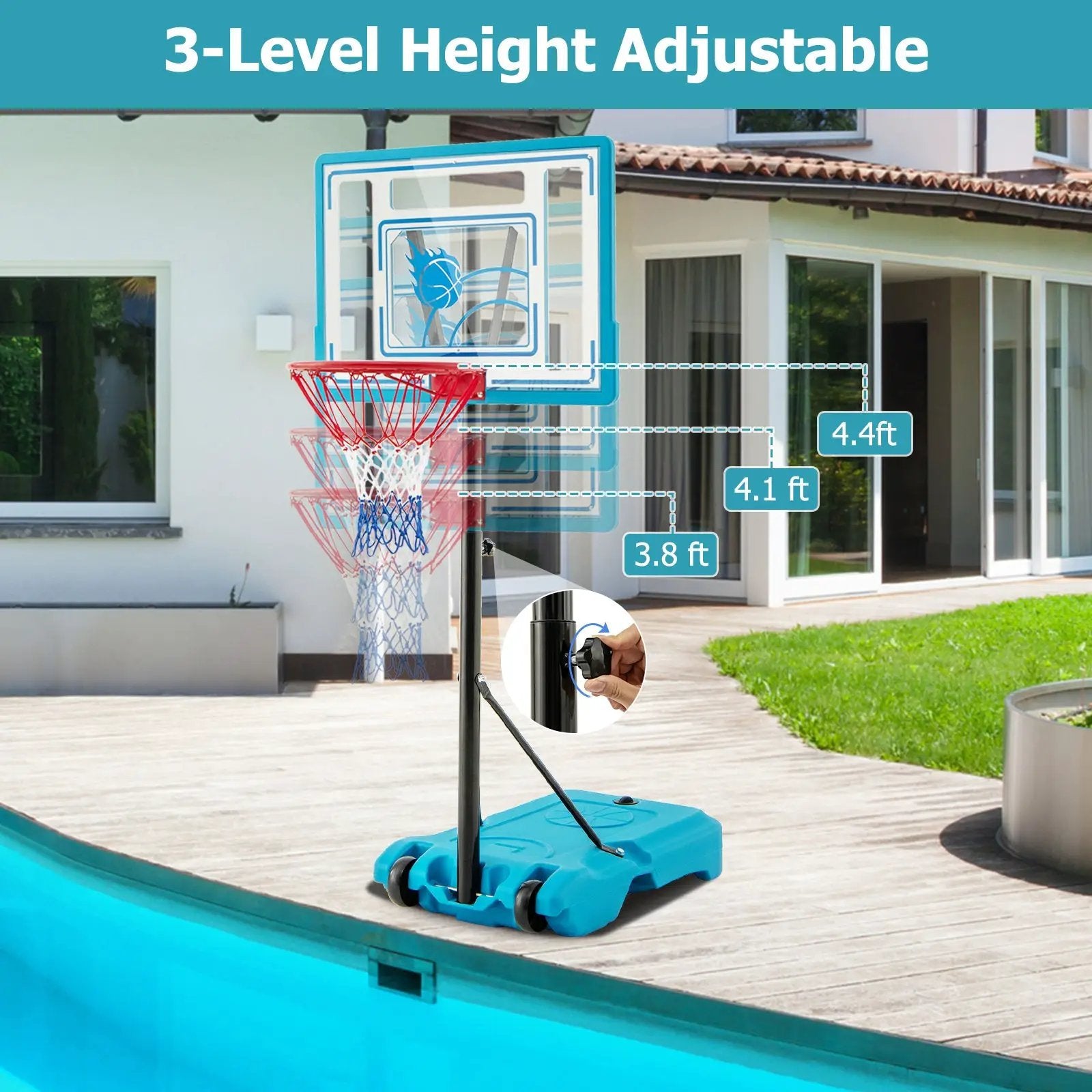 3.8-4.4 Feet Height Adjustable Pool Basketball Hoop for Kids Teens and Adults-Blue by DirectDeals