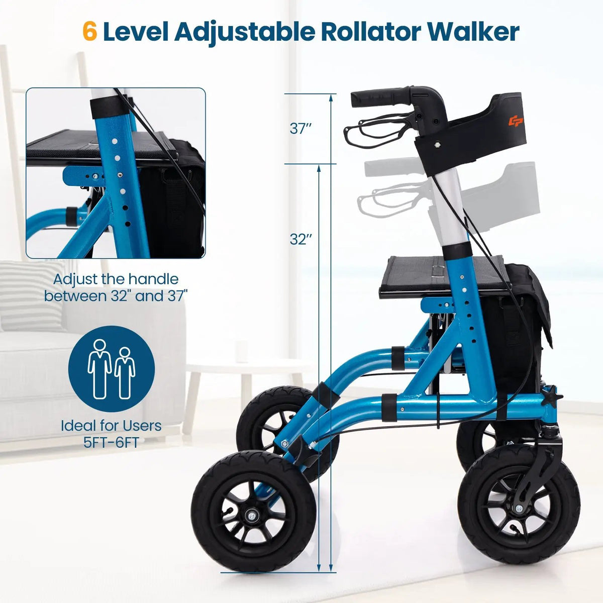 Height Adjustable Rollator Walker Foldable Rolling Walker with Seat for Seniors, photo 8 of 10