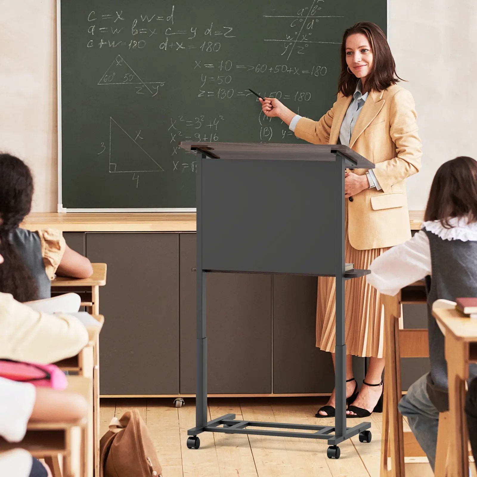 40.5-49 Inch Height Adjustable Rolling Podium Stand Lectern Table-Black by DirectDeals