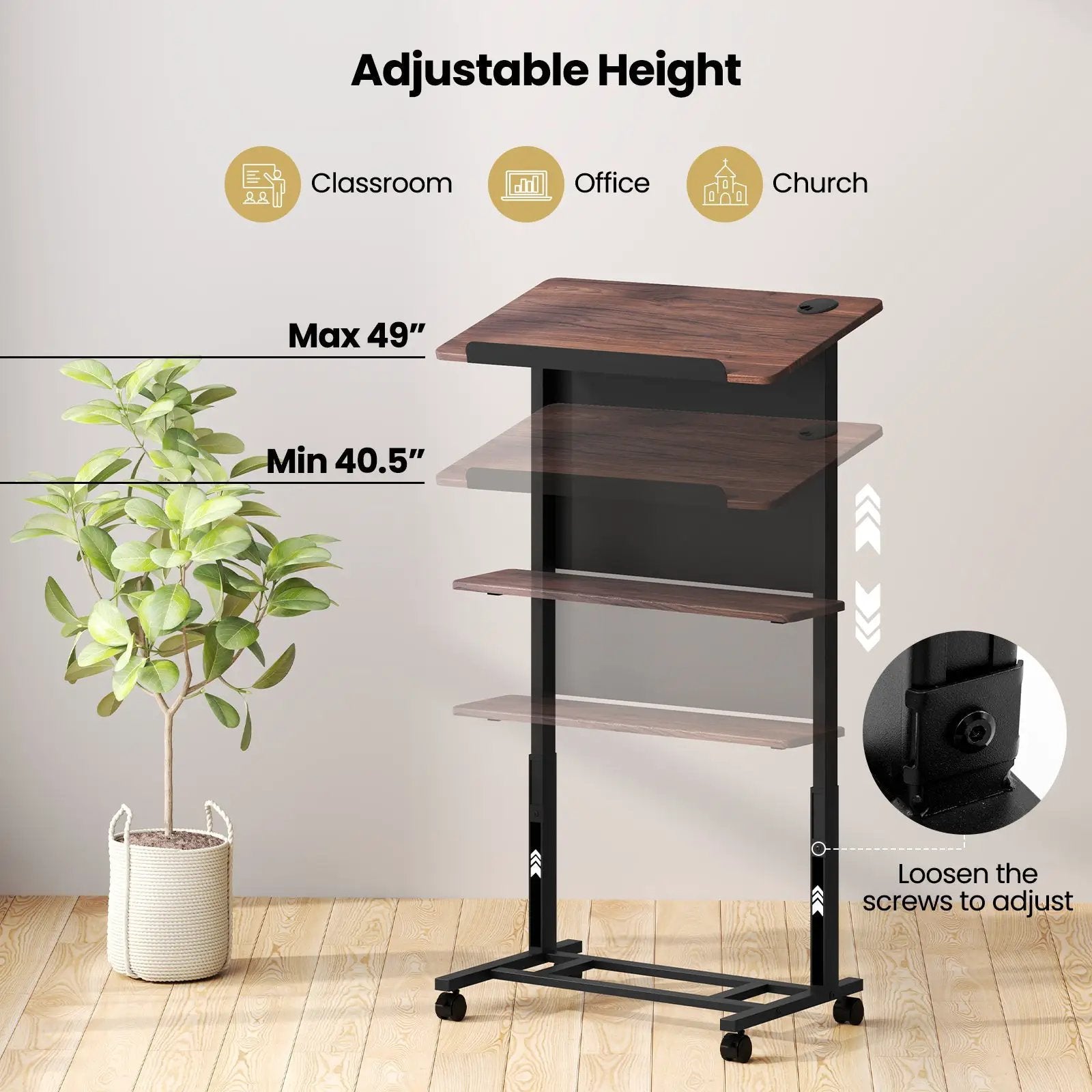 40.5-49 Inch Height Adjustable Rolling Podium Stand Lectern Table-Black by DirectDeals