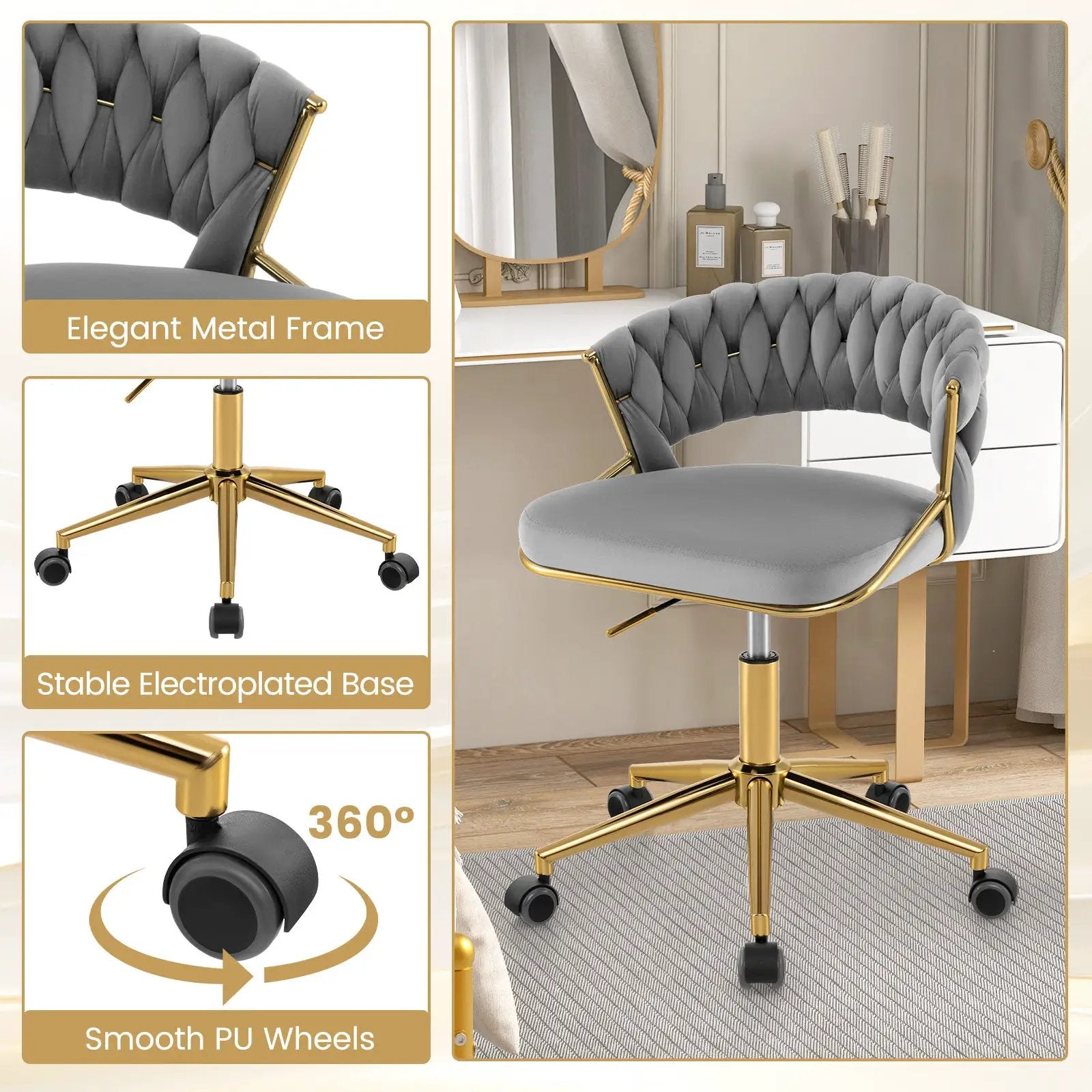 360¬∞ Height Adjustable Swivel Upholstered Desk Computer Chair with Hand-woven Back by DirectDeals