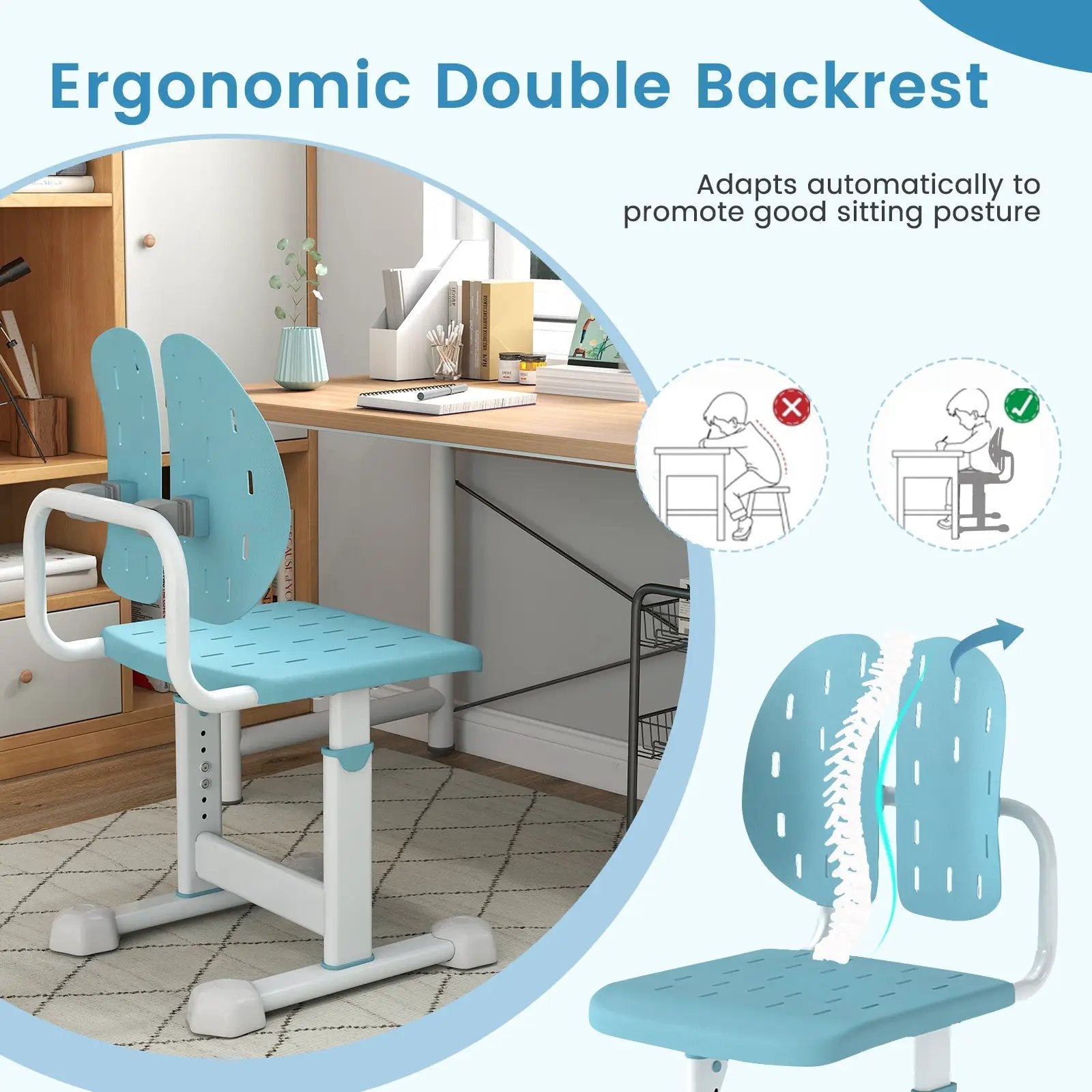 Height-adjustable Kid's Study Chair with Double Back Support and Breathable Seat for 3+ Years Old by DirectDeals
