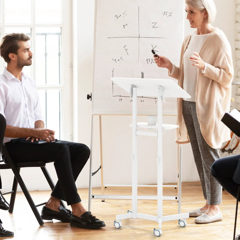 Mobile Lectern Podium Height-adjustable Rolling Laptop Cart with Tilting Top Storage Tray by DirectDeals