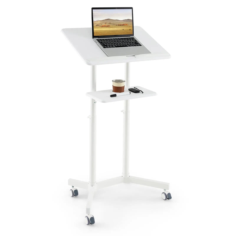 Mobile Lectern Podium Height-adjustable Rolling Laptop Cart with Tilting Top Storage Tray by DirectDeals
