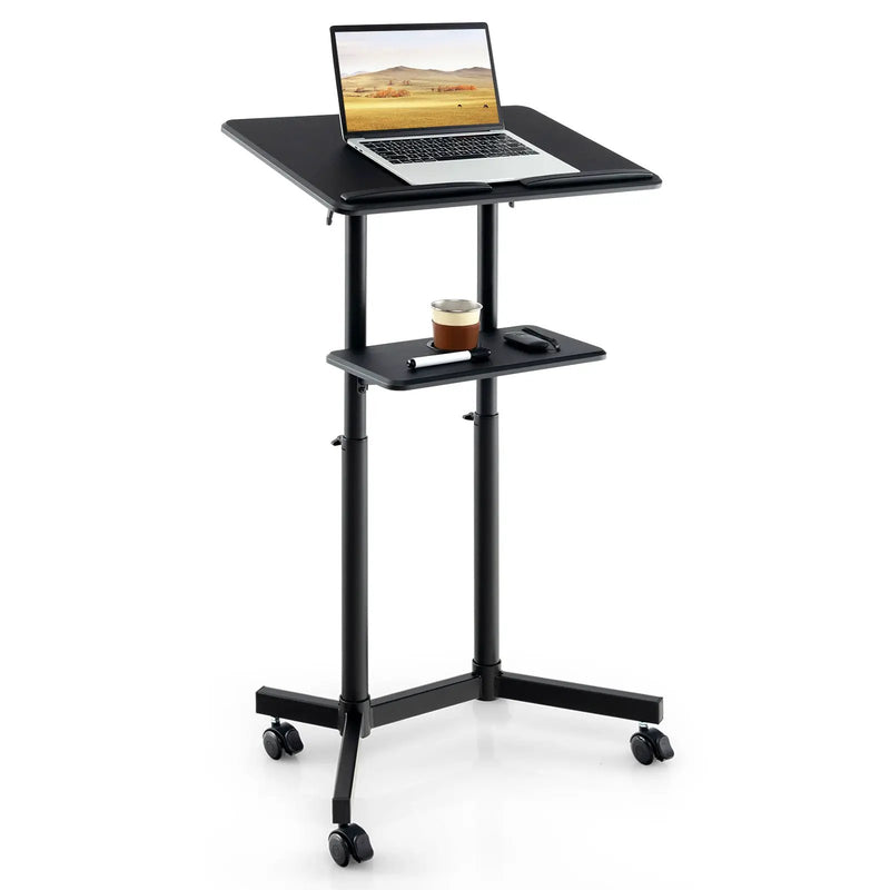 Mobile Lectern Podium Height-adjustable Rolling Laptop Cart with Tilting Top Storage Tray by DirectDeals