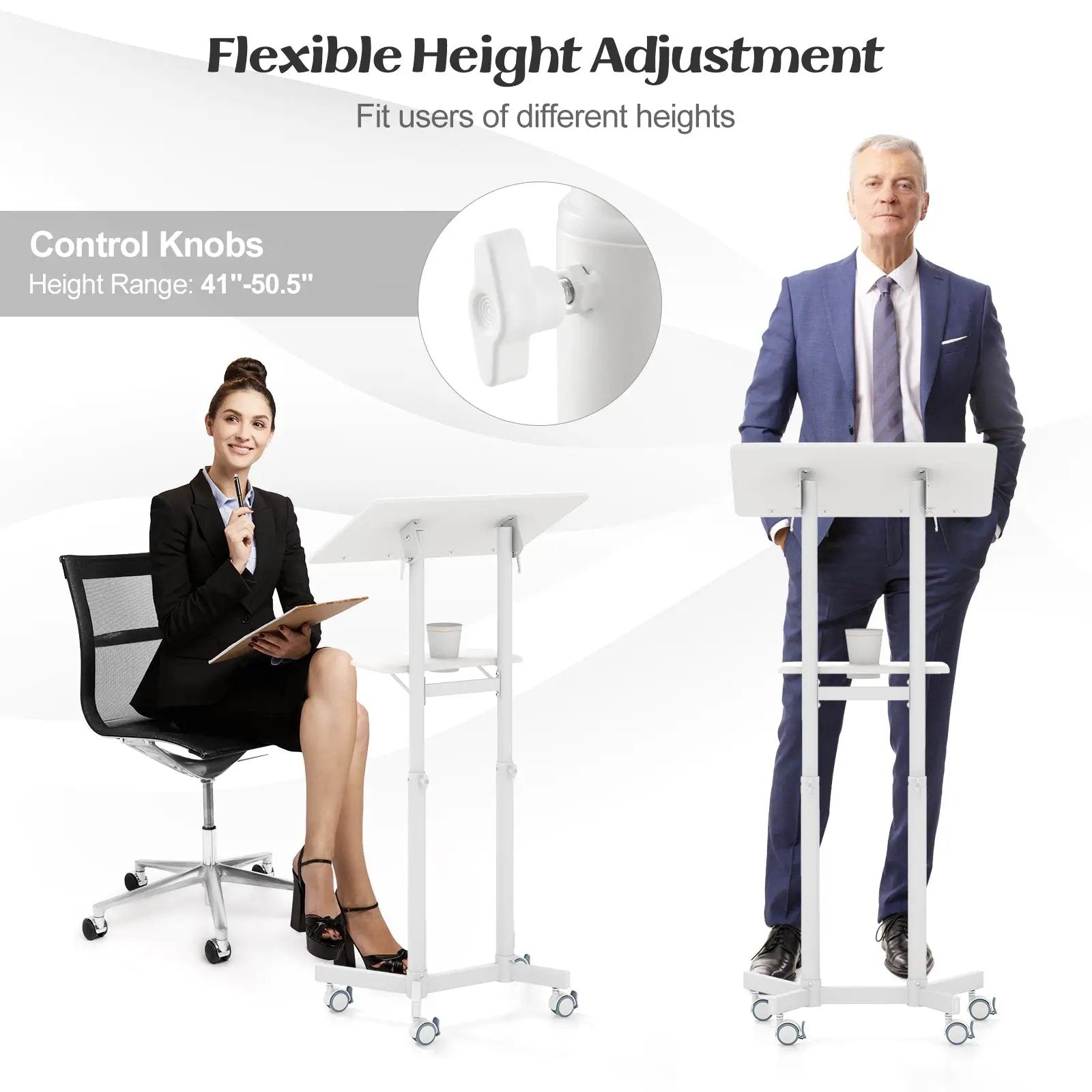Mobile Lectern Podium Height-adjustable Rolling Laptop Cart with Tilting Top Storage Tray by DirectDeals