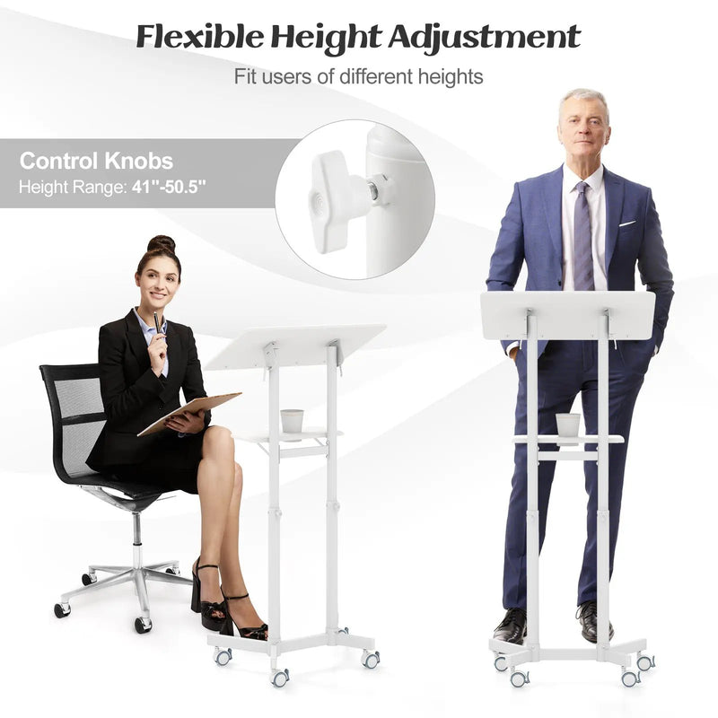 Mobile Lectern Podium Height-adjustable Rolling Laptop Cart with Tilting Top Storage Tray by DirectDeals
