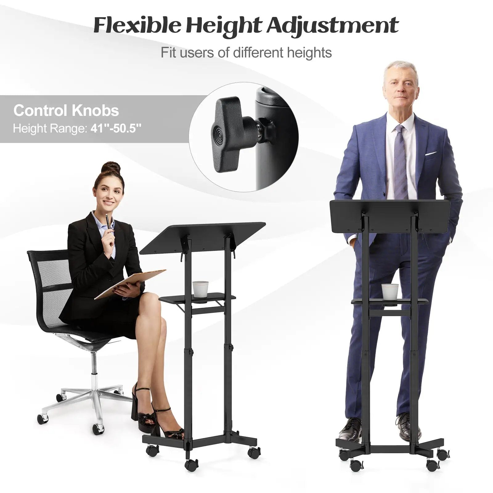 Mobile Lectern Podium Height-adjustable Rolling Laptop Cart with Tilting Top Storage Tray by DirectDeals