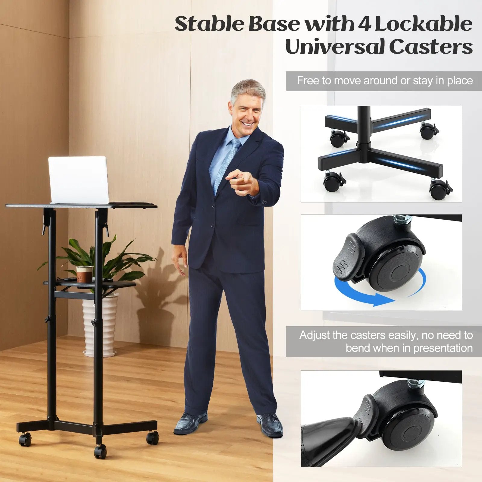Mobile Lectern Podium Height-adjustable Rolling Laptop Cart with Tilting Top Storage Tray by DirectDeals