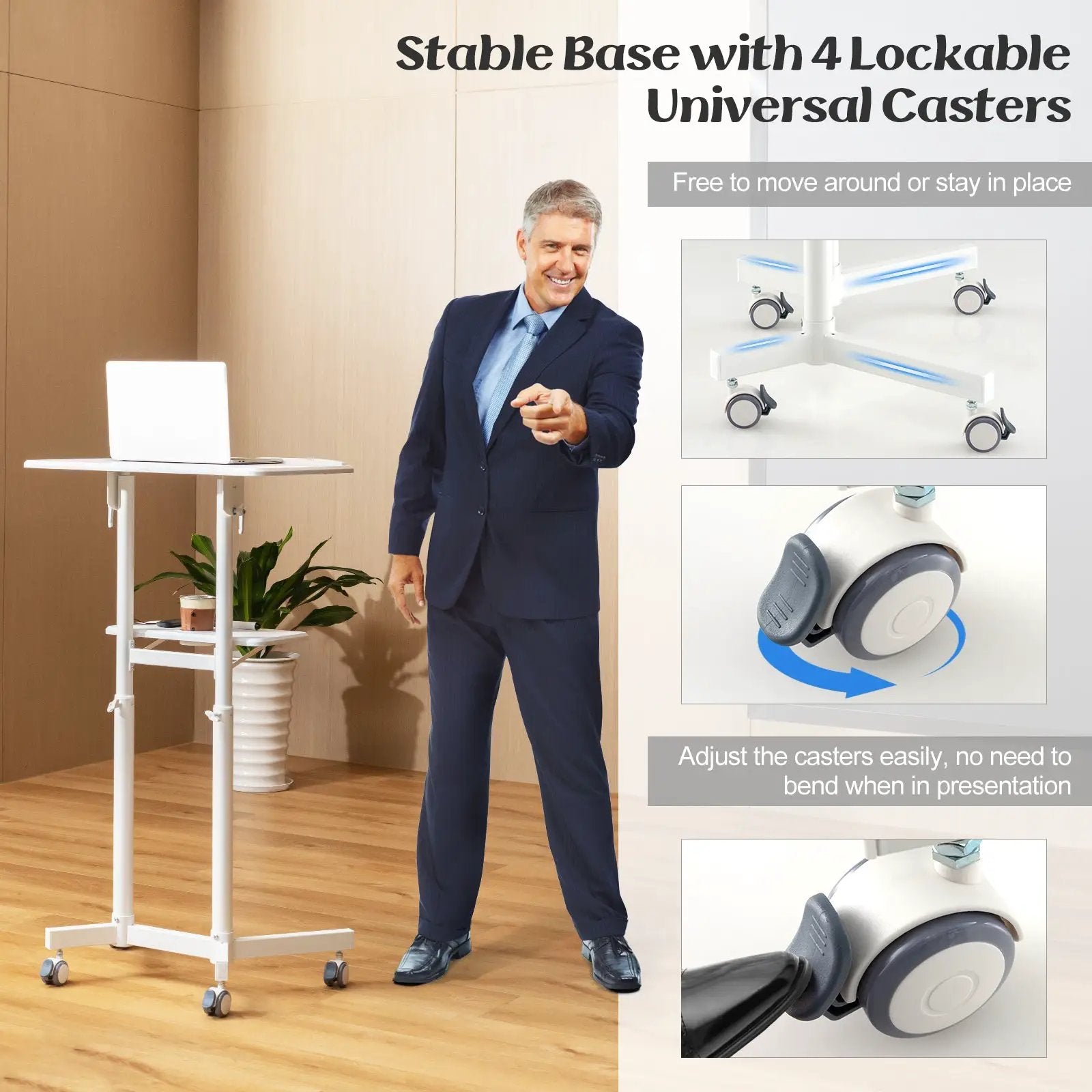 Mobile Lectern Podium Height-adjustable Rolling Laptop Cart with Tilting Top Storage Tray by DirectDeals