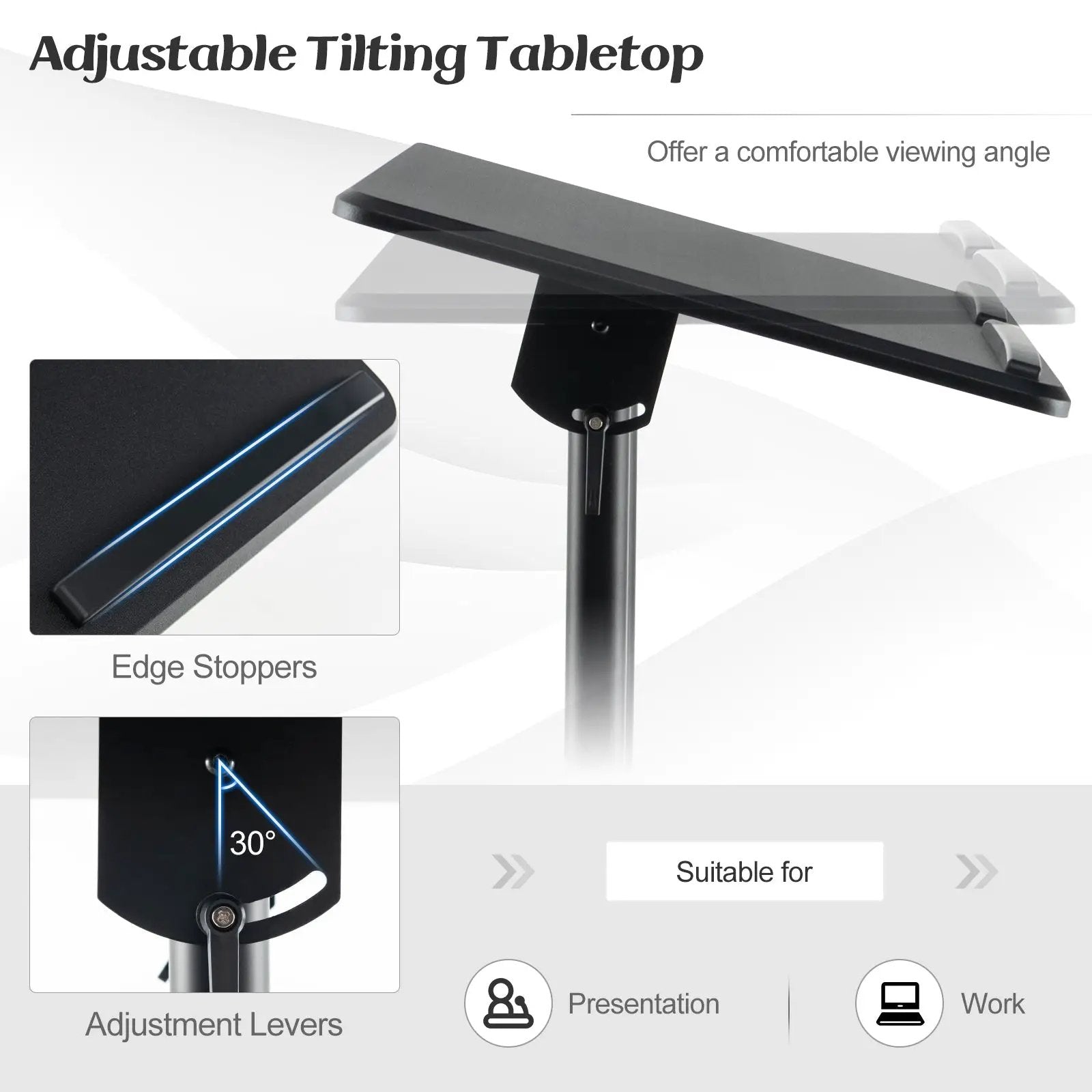 Mobile Lectern Podium Height-adjustable Rolling Laptop Cart with Tilting Top Storage Tray by DirectDeals