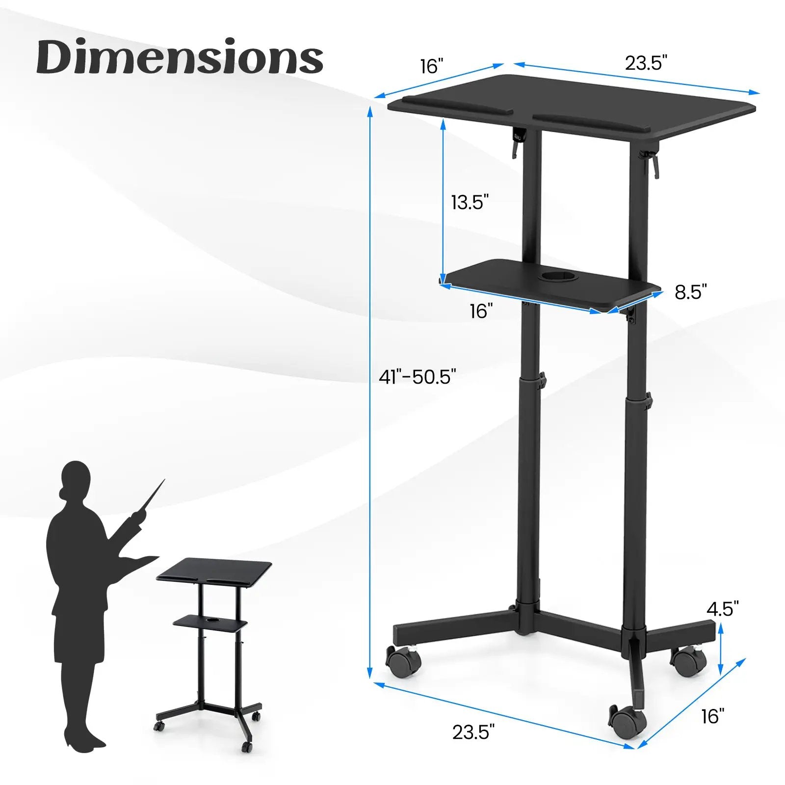 Mobile Lectern Podium Height-adjustable Rolling Laptop Cart with Tilting Top Storage Tray by DirectDeals