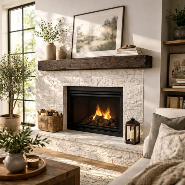 Rough Hewn Poplar Fireplace Mantel Shelf, installed in a room