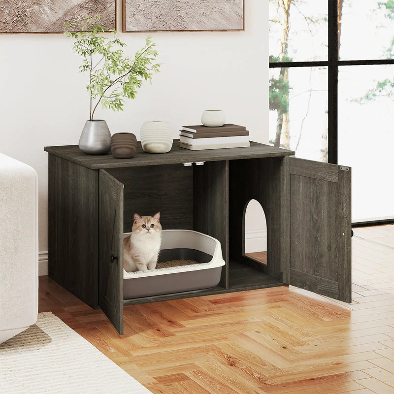 Hidden Cat Litter Box Enclosure Furniture with Divider-Oak by DirectDeals