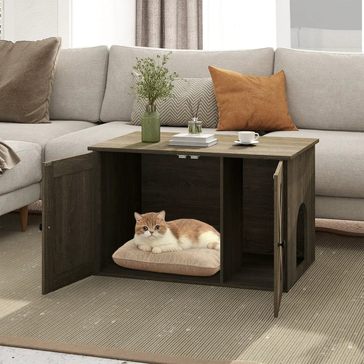 Hidden Cat Litter Box Enclosure Furniture with Divider-Oak, photo 2 of 9