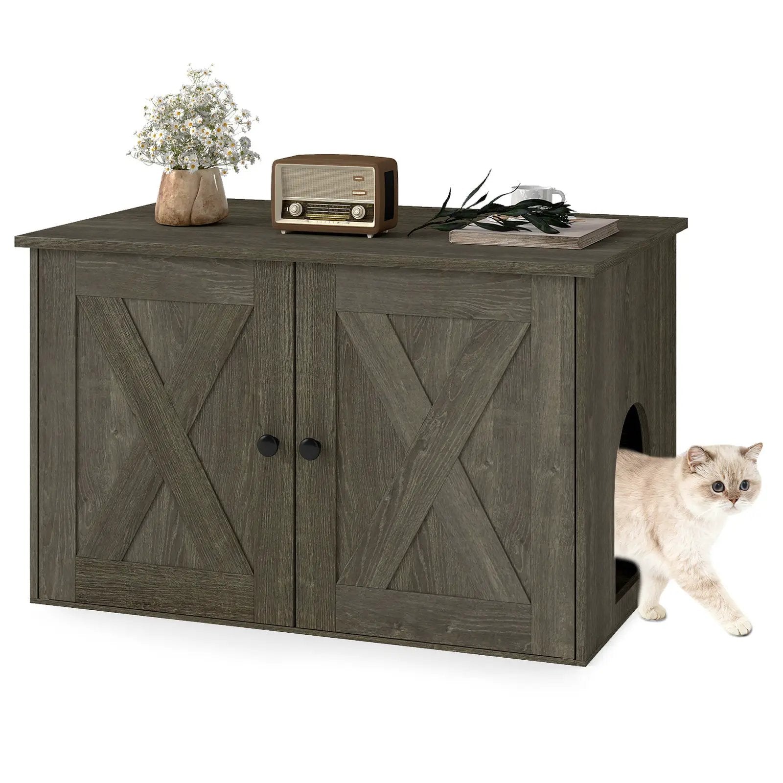 Hidden Cat Litter Box Enclosure Furniture with Divider-Oak by DirectDeals