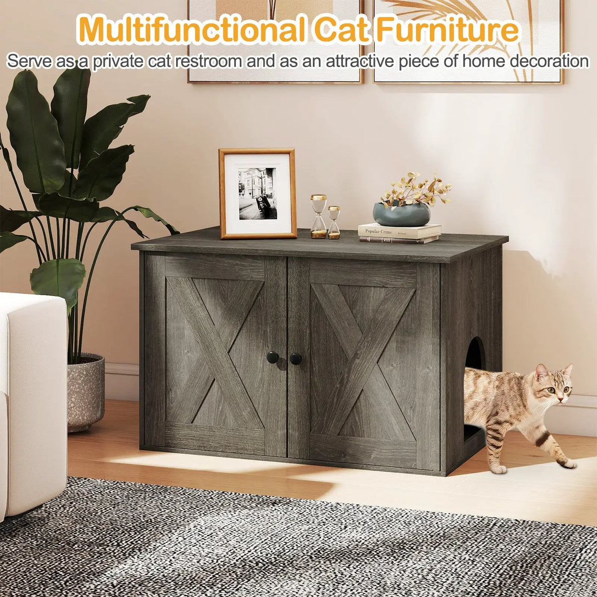 Hidden Cat Litter Box Enclosure Furniture with Divider-Oak, photo 7 of 9