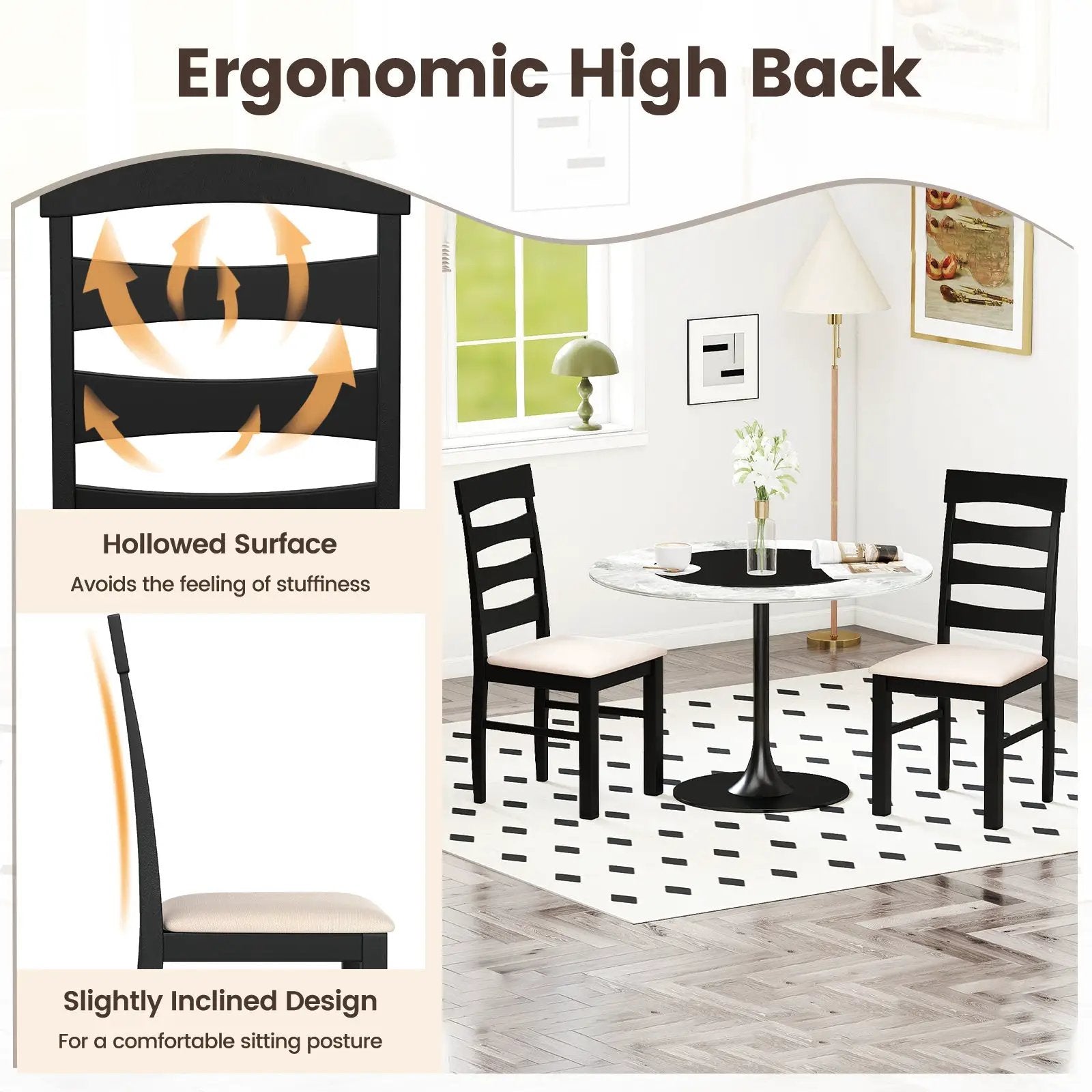 High Back Dining Room Chairs Set of 2 with Padded Seat-Black by DirectDeals