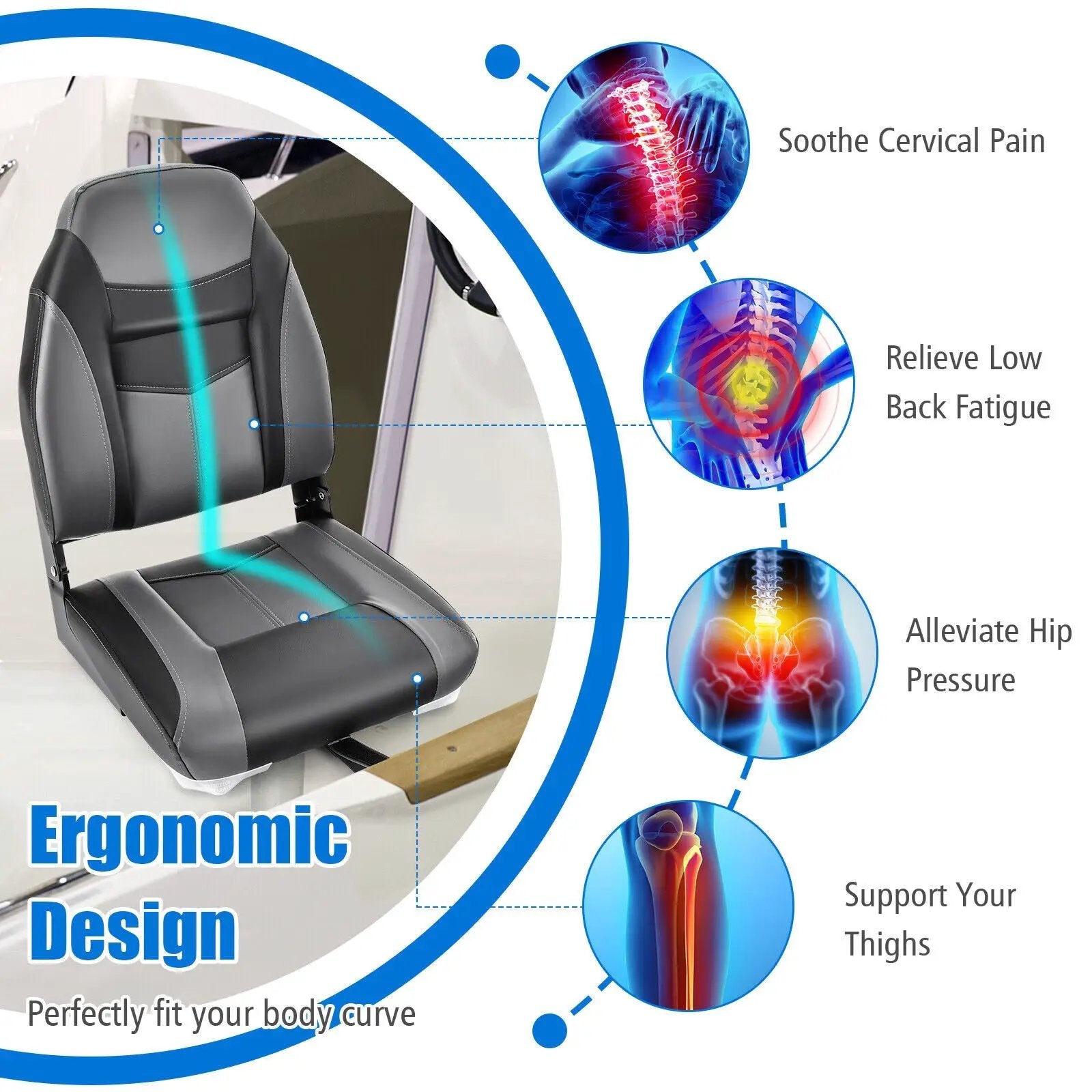 High Back Folding Boat Seats with Black Grey Sponge Cushion and Flexible Hinges by DirectDeals