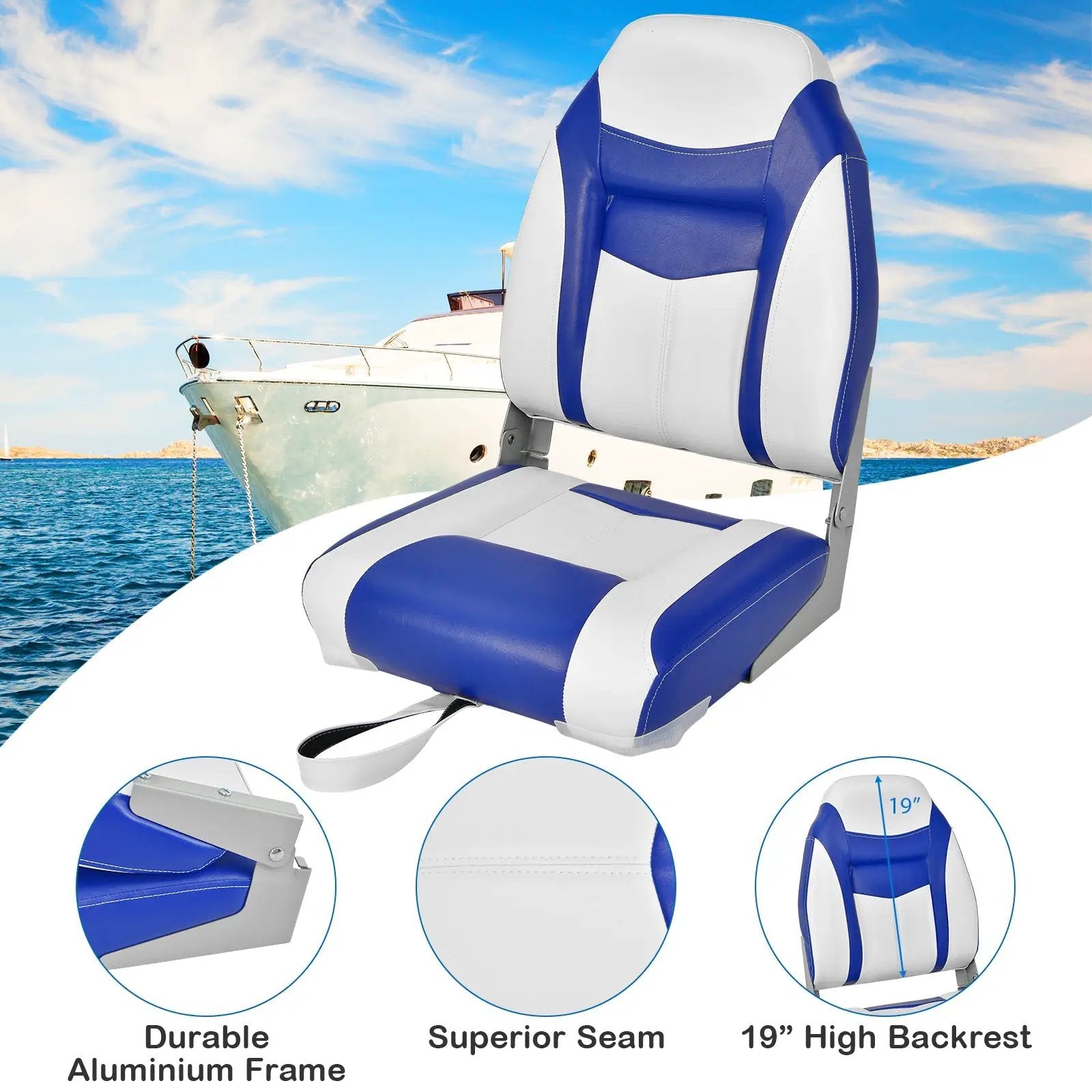 High Back Folding Boat Seat with Blue White Sponge Cushion and Flexible Hinges-Blue by DirectDeals