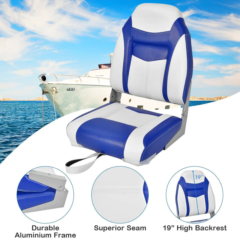 High Back Folding Boat Seat with Blue White Sponge Cushion and Flexible Hinges-Blue by DirectDeals