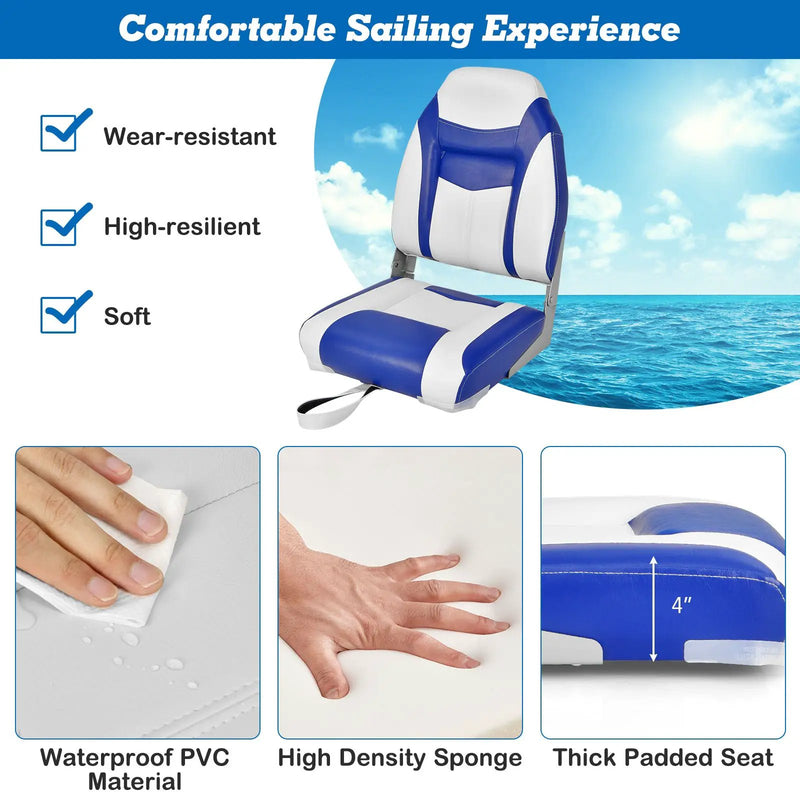 High Back Folding Boat Seat with Blue White Sponge Cushion and Flexible Hinges-Blue by DirectDeals