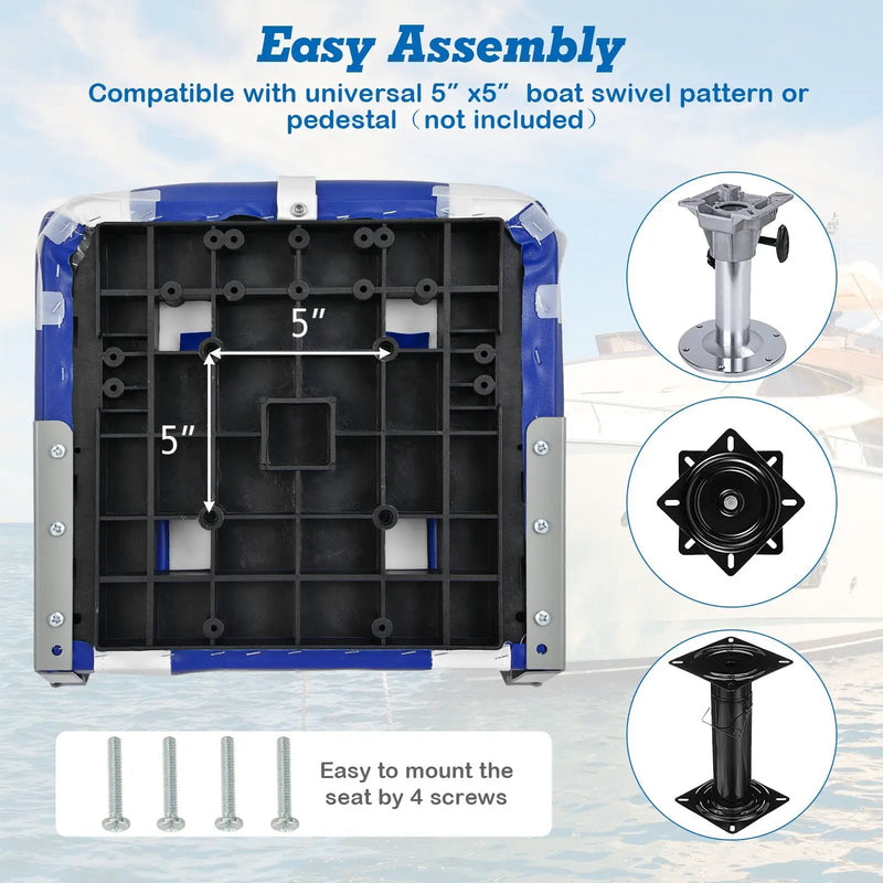 High Back Folding Boat Seat with Blue White Sponge Cushion and Flexible Hinges-Blue by DirectDeals