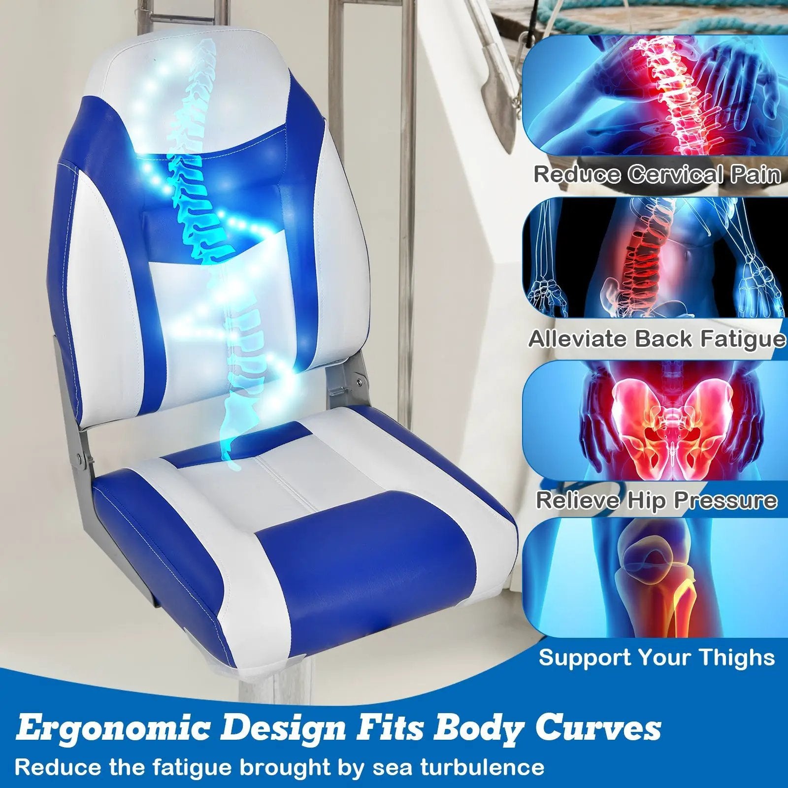High Back Folding Boat Seat with Blue White Sponge Cushion and Flexible Hinges-Blue by DirectDeals
