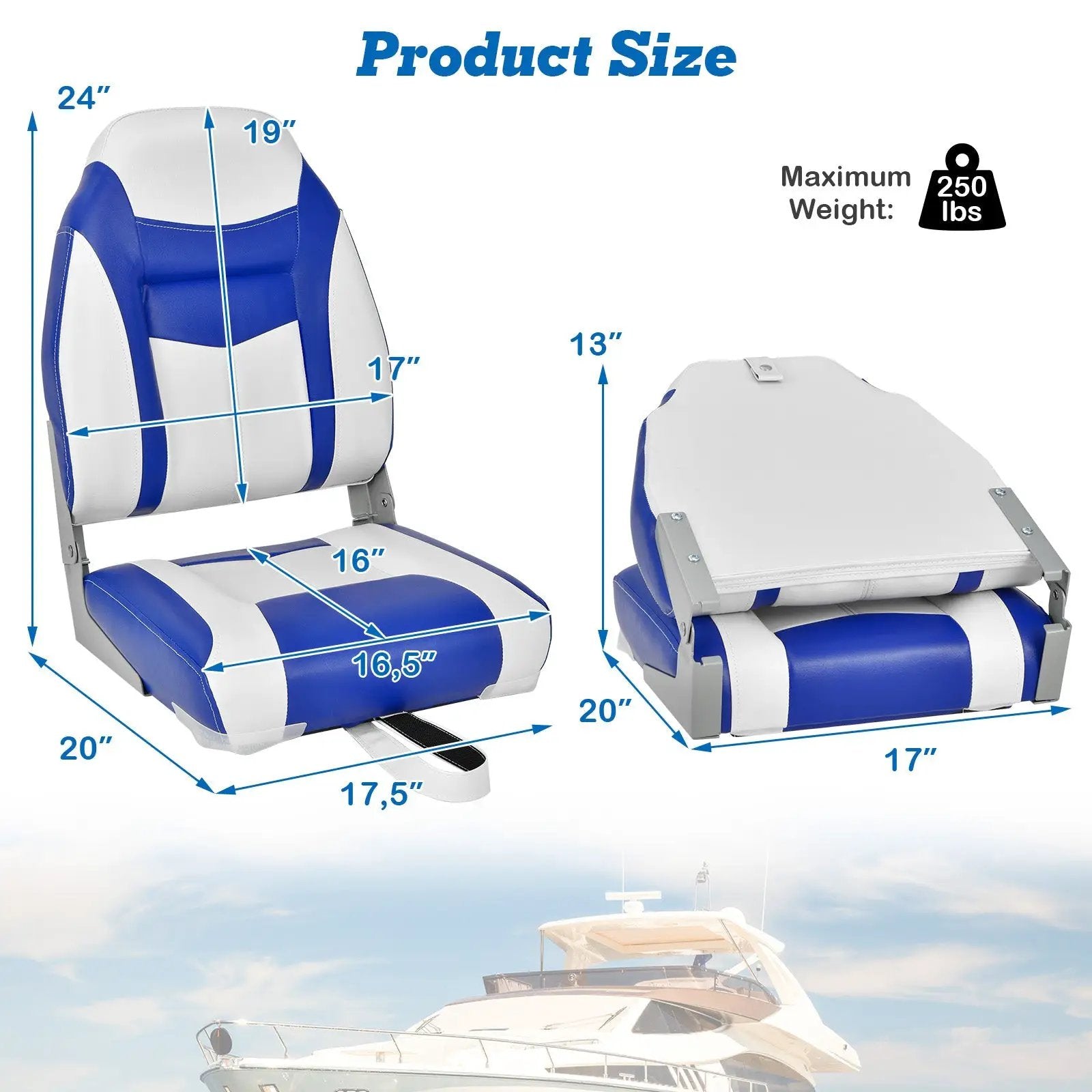 High Back Folding Boat Seat with Blue White Sponge Cushion and Flexible Hinges-Blue by DirectDeals