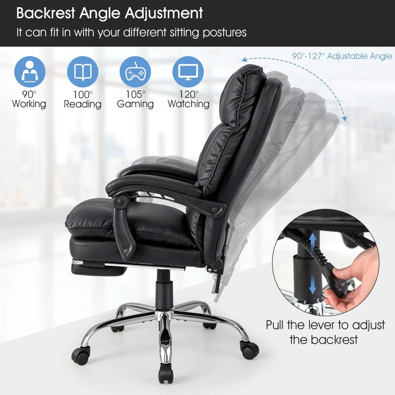 Ergonomic Adjustable Swivel Office Chair with Retractable Footrest-Black by DirectDeals