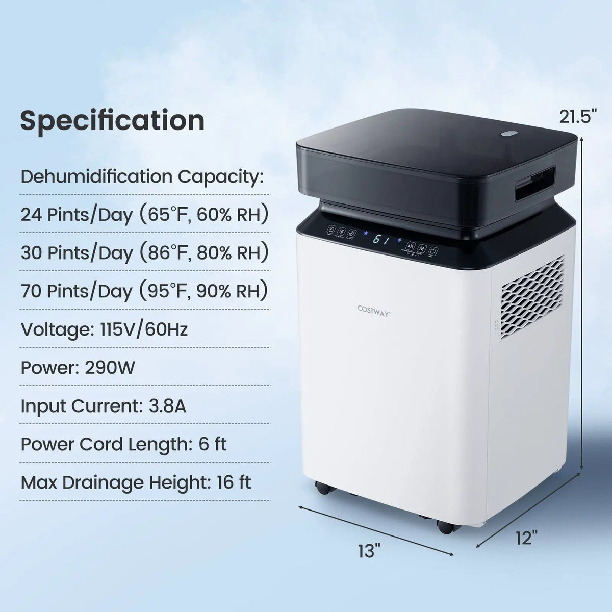 70/90 Pint 4500/6000 Sq. Ft Dehumidifier with Continuous and Auto Mode, photo 3 of 9