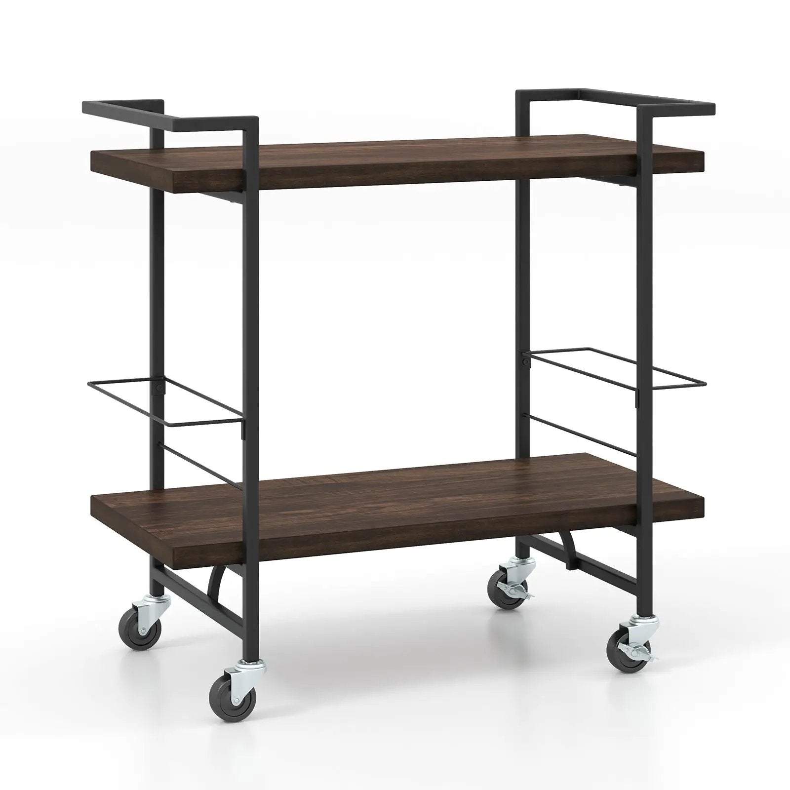 2-Tier Home Bar Cart with Lockable Wheels and Heavy-Duty Metal Frame-Rustic Brown by DirectDeals