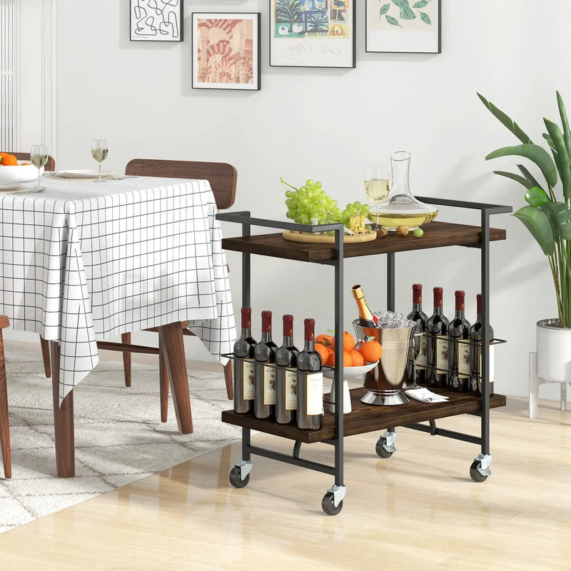 2-Tier Home Bar Cart with Lockable Wheels and Heavy-Duty Metal Frame-Rustic Brown by DirectDeals