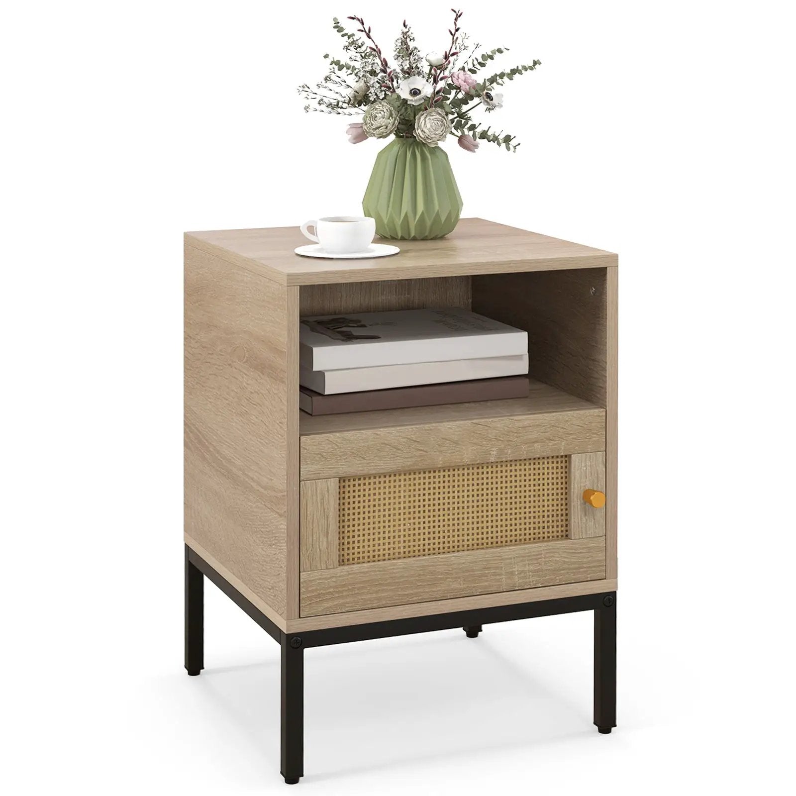 Home Boho Style Accent Table with Open Shelf and 1 Door Cabinet-Natural by DirectDeals