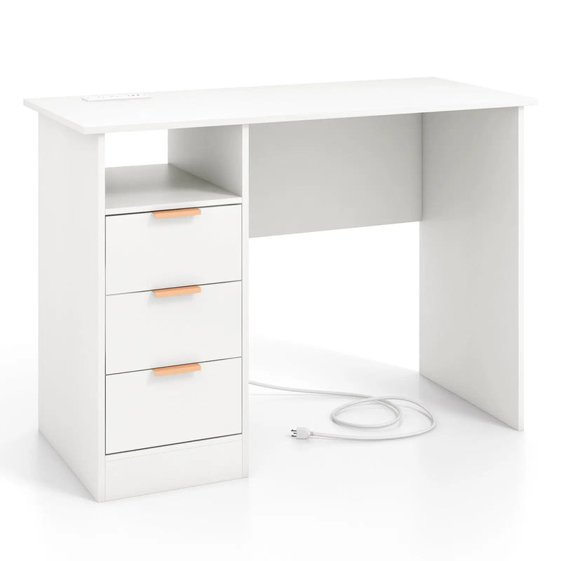 Home Office Desk with Power Outlet 3 Storage Drawers and Open Compartment-White by DirectDeals
