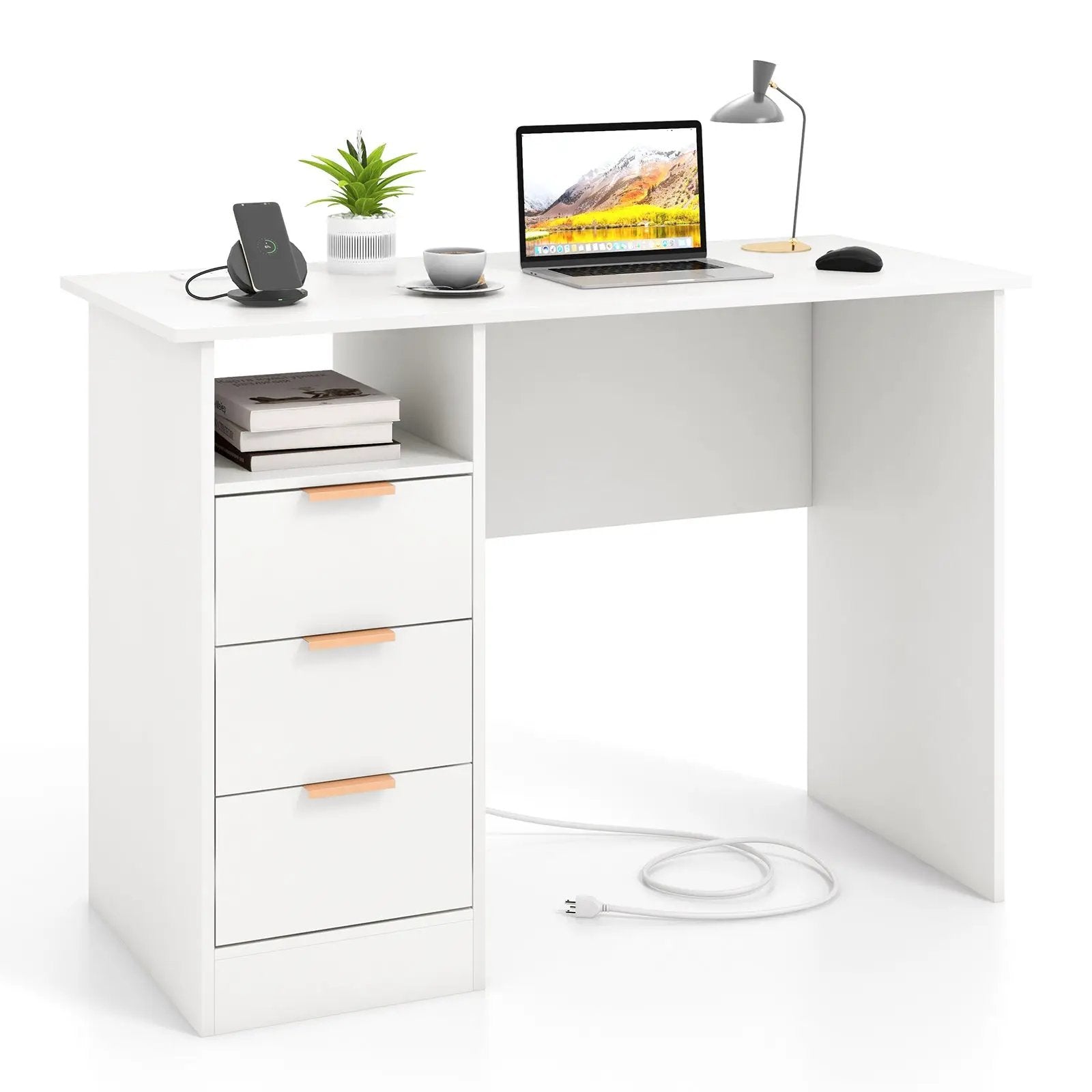 Home Office Desk with Power Outlet 3 Storage Drawers and Open Compartment-White by DirectDeals