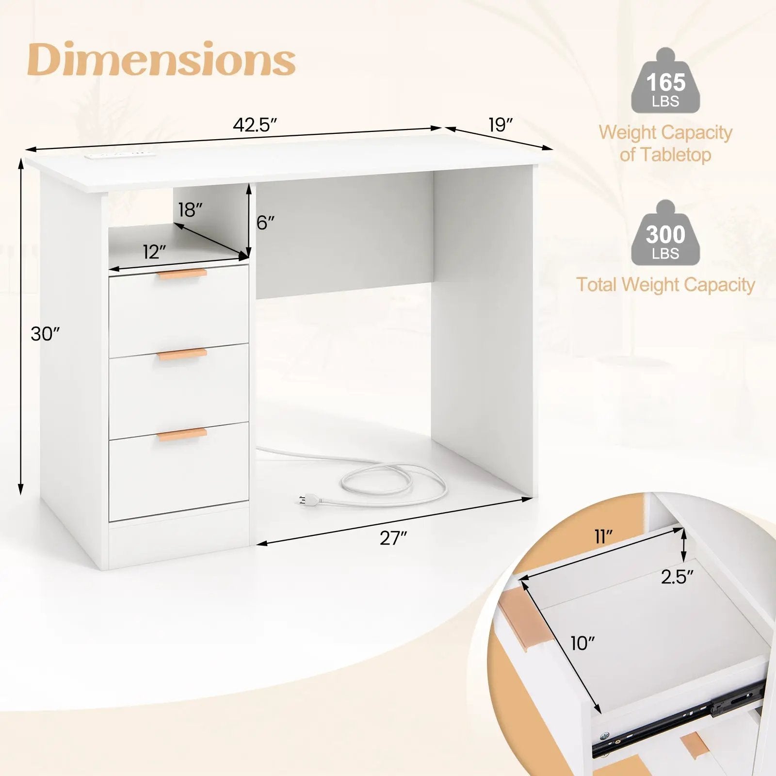 Home Office Desk with Power Outlet 3 Storage Drawers and Open Compartment-White by DirectDeals