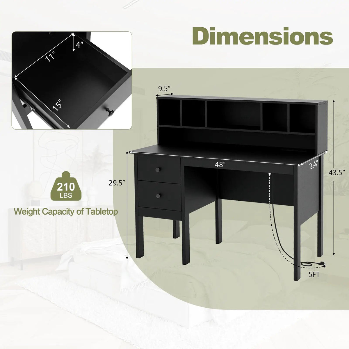 48 Inch Computer Desk with Drawers Power Outlets, photo 5 of 9