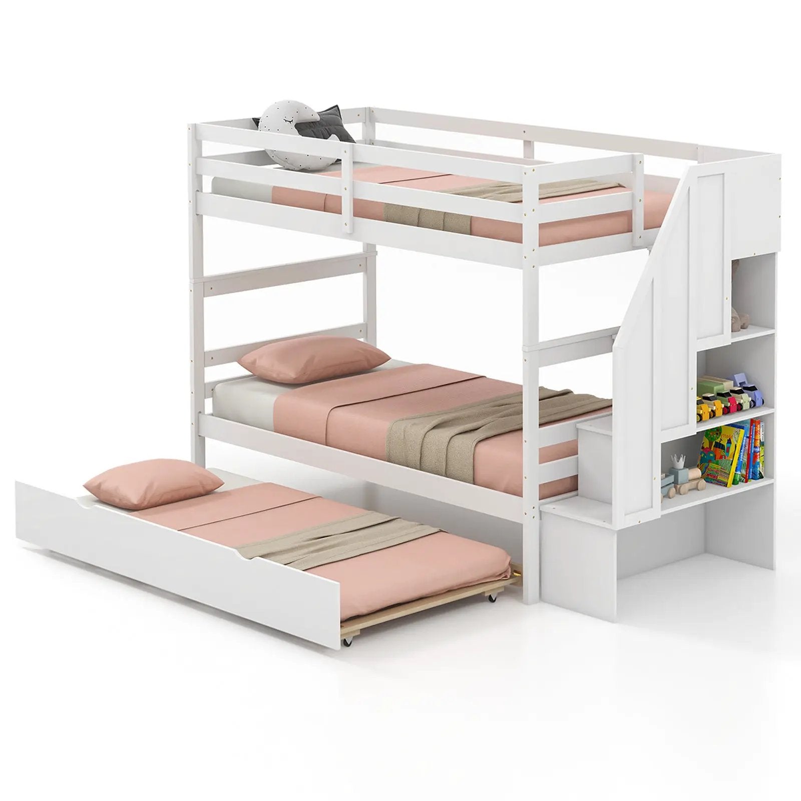 Home Wood Bunk Bed with Guard Rail and 4-step Storage Stairs No Box Spring Needed by DirectDeals