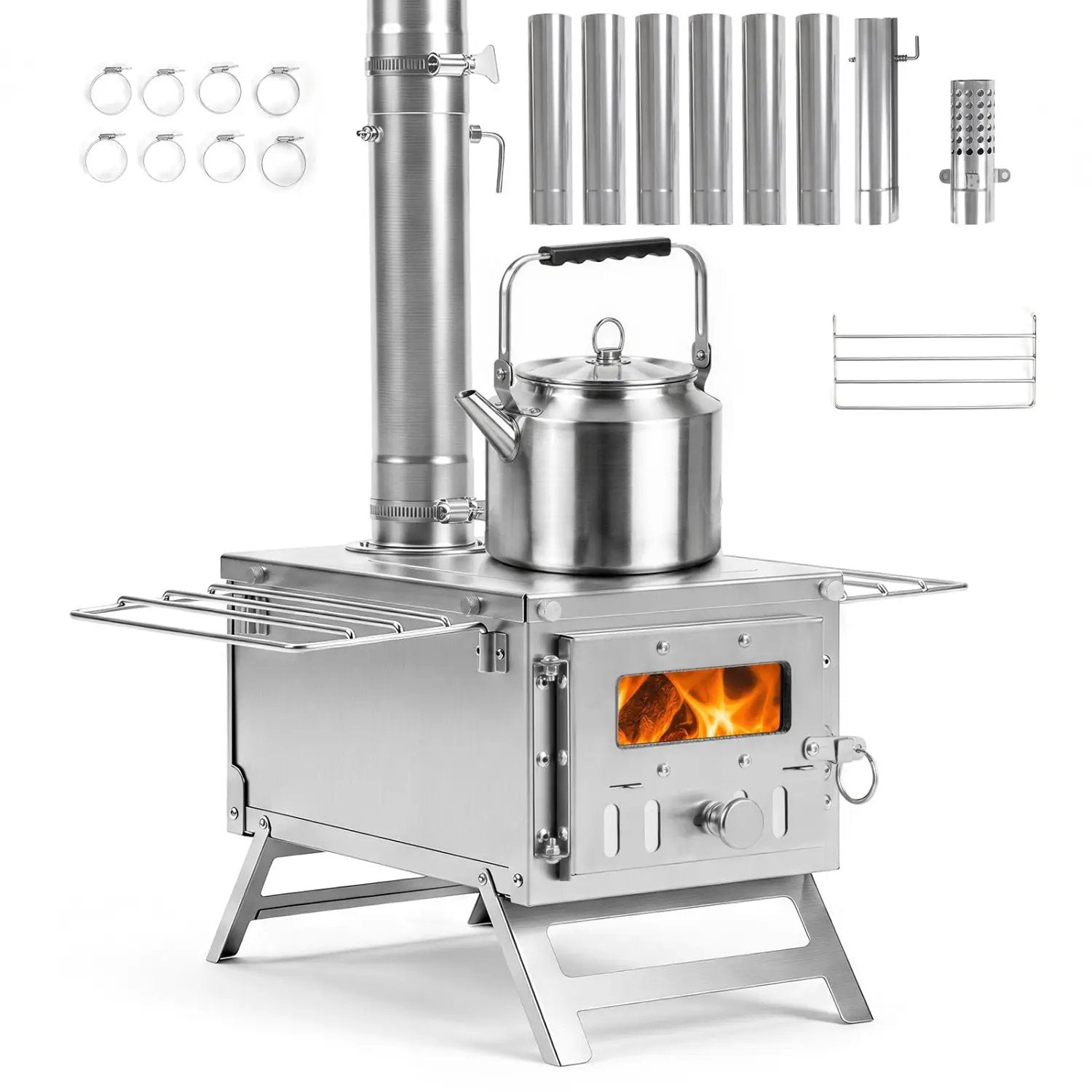Portable Wood Burning Tent Stove with 7 Chimney Pipes by DirectDeals