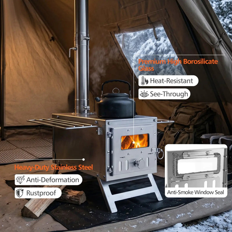 Portable Wood Burning Tent Stove with 7 Chimney Pipes by DirectDeals